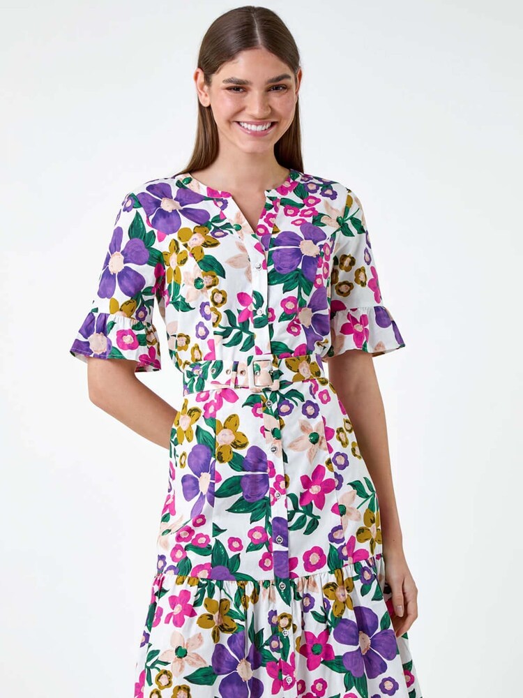 Roman Purple Floral Frill 100% Cotton Shirt Dress - Image 1 of 5