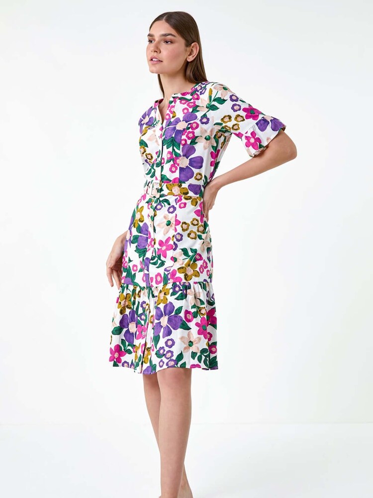 Roman Purple Floral Frill 100% Cotton Shirt Dress - Image 2 of 5