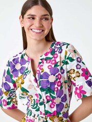 Roman Purple Floral Frill 100% Cotton Shirt Dress - Image 4 of 5
