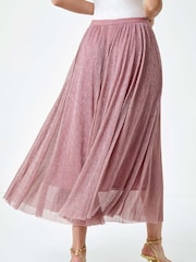 Roman Pink A-Line Shimmer Stretch Midi Skirt - Image 3 of 5