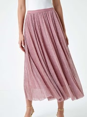 Roman Pink A-Line Shimmer Stretch Midi Skirt - Image 4 of 5
