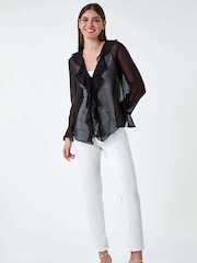 Roman Black Frill Detail Chiffon Tie Top - Image 1 of 5