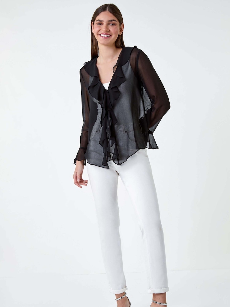 Roman Black Frill Detail Chiffon Tie Top - Image 1 of 5