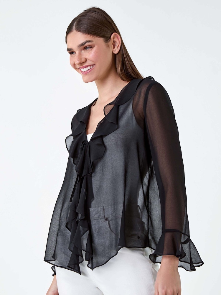 Roman Black Frill Detail Chiffon Tie Top - Image 2 of 5