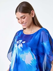 Roman Blue Floral Print Chiffon Overlay Top - Image 1 of 5