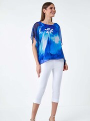 Roman Blue Floral Print Chiffon Overlay Top - Image 2 of 5
