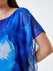Roman Blue Floral Print Chiffon Overlay Top - Image 5 of 5