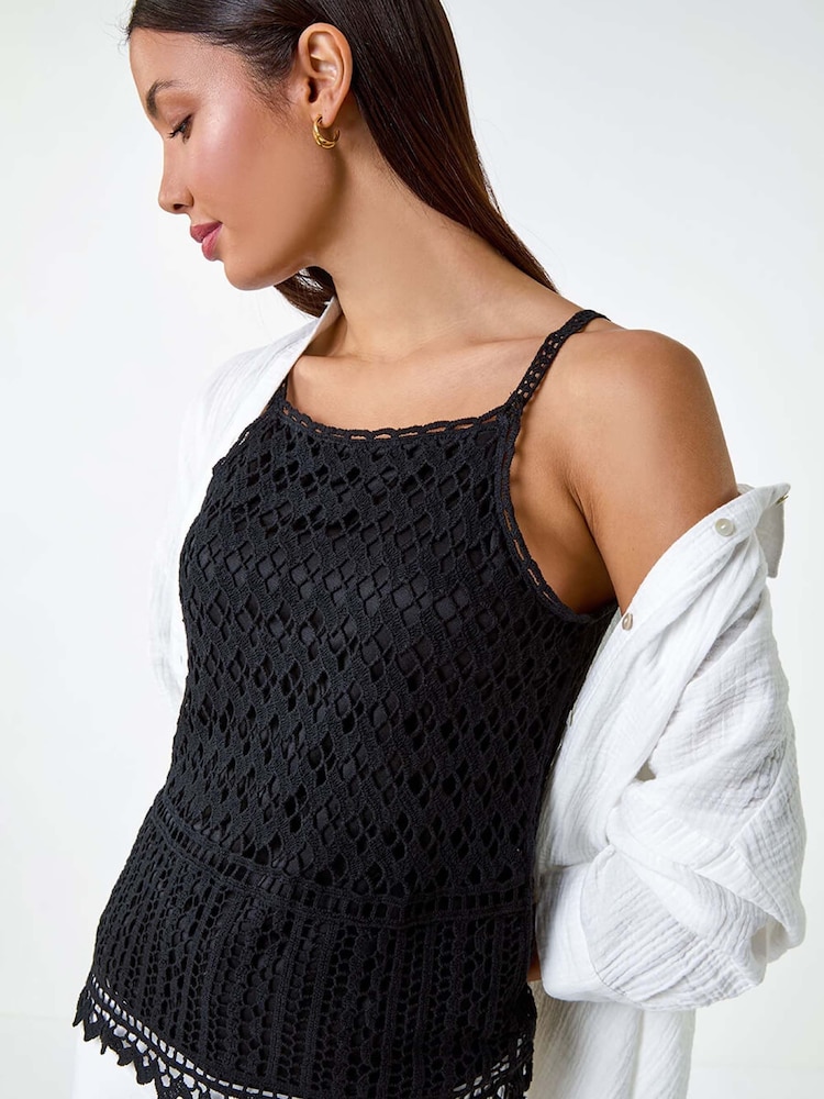 Roman Black 100% Cotton Crochet Halter Neck Camisole - Image 1 of 5