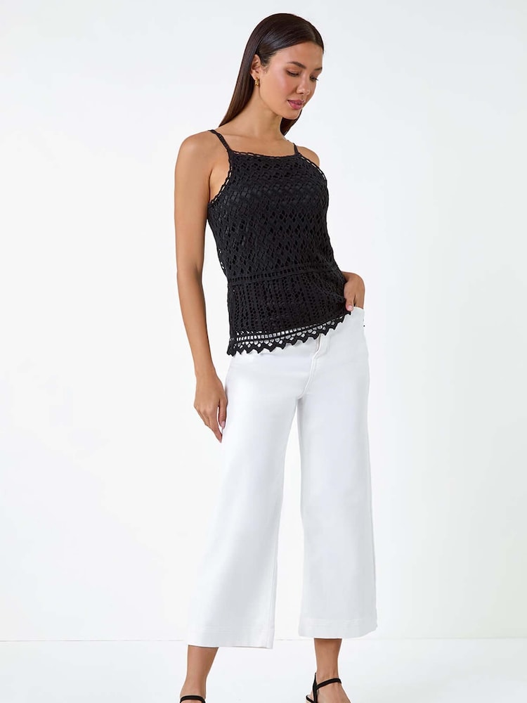 Roman Black 100% Cotton Crochet Halter Neck Camisole - Image 2 of 5