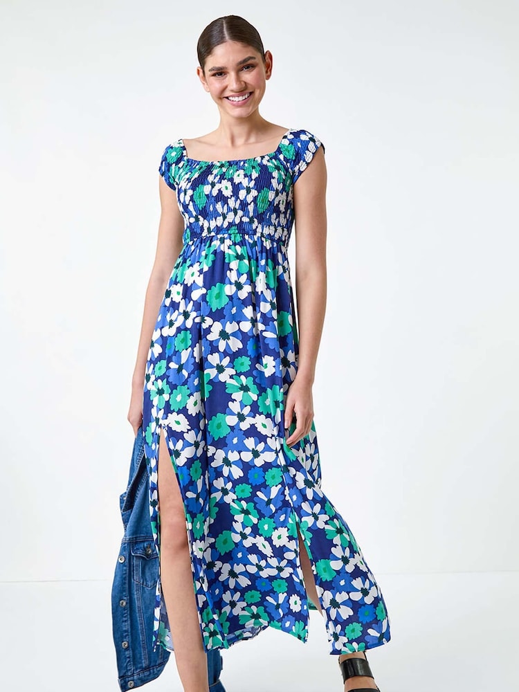 Roman Blue Floral Shirred Bardot Maxi Dress - Image 1 of 5