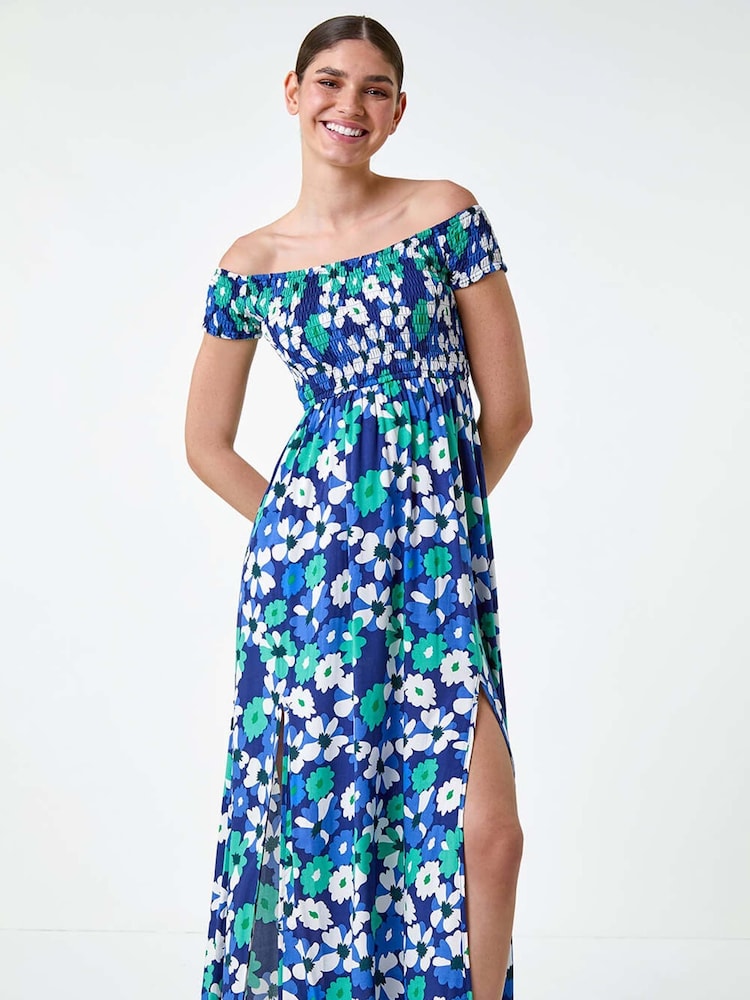 Roman Blue Floral Shirred Bardot Maxi Dress - Image 2 of 5