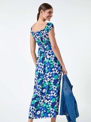 Roman Blue Floral Shirred Bardot Maxi Dress - Image 3 of 5