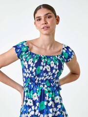 Roman Blue Floral Shirred Bardot Maxi Dress - Image 4 of 5