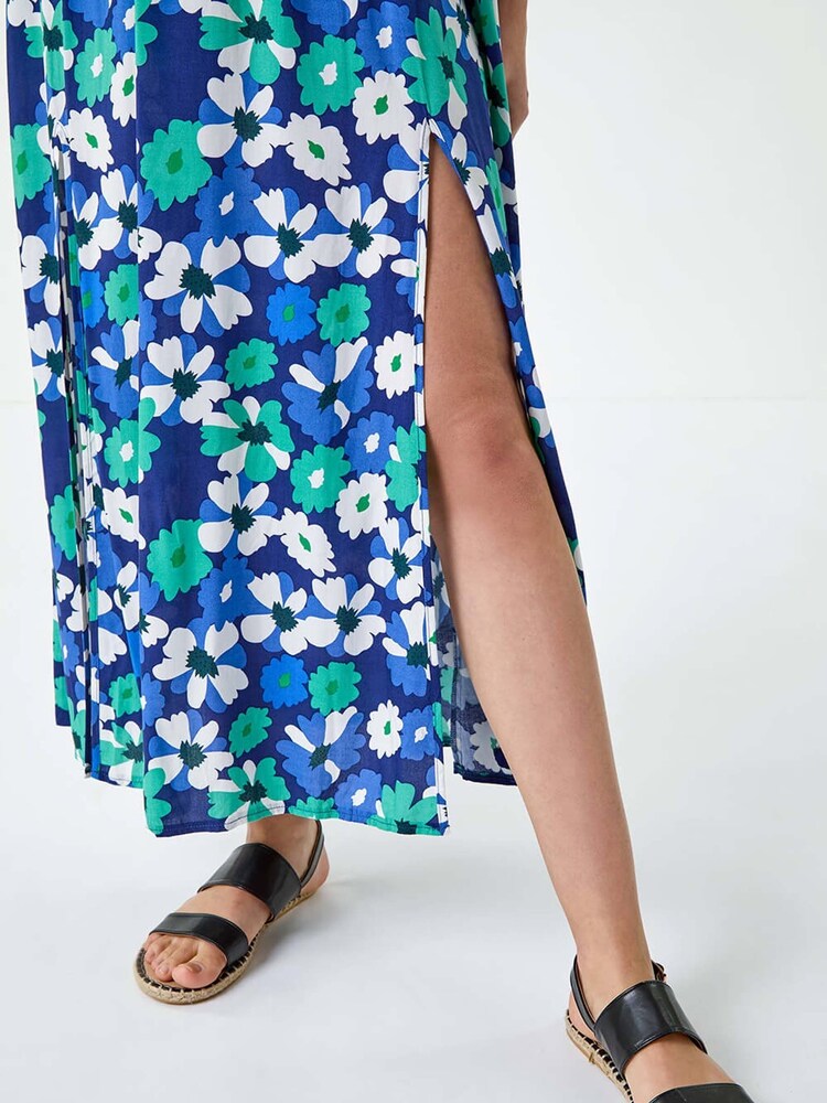 Roman Blue Floral Shirred Bardot Maxi Dress - Image 5 of 5