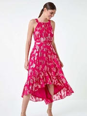 Roman Pink Metallic Floral Halter Neck Midi Dress - Image 1 of 5