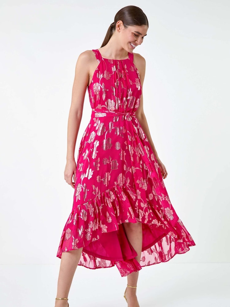 Roman Pink Metallic Floral Halter Neck Midi Dress - Image 1 of 5