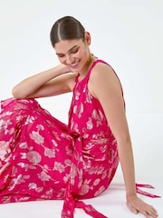 Roman Pink Metallic Floral Halter Neck Midi Dress - Image 2 of 5