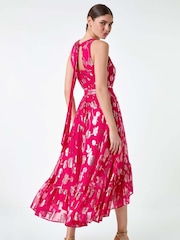 Roman Pink Metallic Floral Halter Neck Midi Dress - Image 3 of 5
