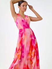Roman Pink Abstract Print Frill Maxi Dress - Image 1 of 5