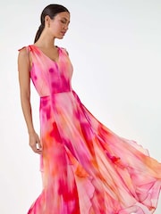 Roman Pink Abstract Print Frill Maxi Dress - Image 4 of 5