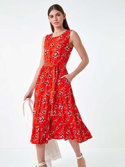 Roman Orange Sleeveless Floral Print Midi Dress - Image 1 of 5