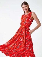 Roman Orange Sleeveless Floral Print Midi Dress - Image 4 of 5