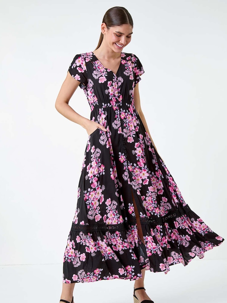 Roman Pink Floral Print Shirred Waist Maxi Dress - Image 1 of 5
