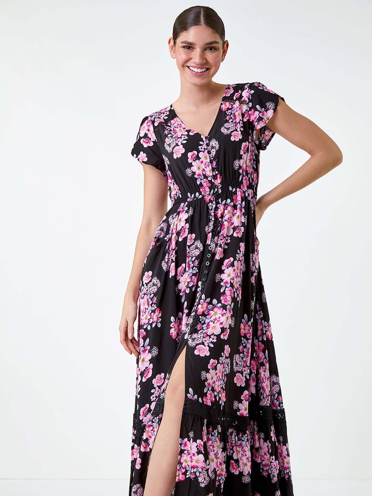 Roman Pink Floral Print Shirred Waist Maxi Dress - Image 2 of 5