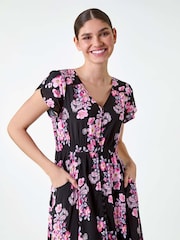 Roman Pink Floral Print Shirred Waist Maxi Dress - Image 4 of 5