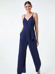 Синий - Roman Tie Waist Pocket Detail Wrap Jumpsuit - Изображение 1 из 5