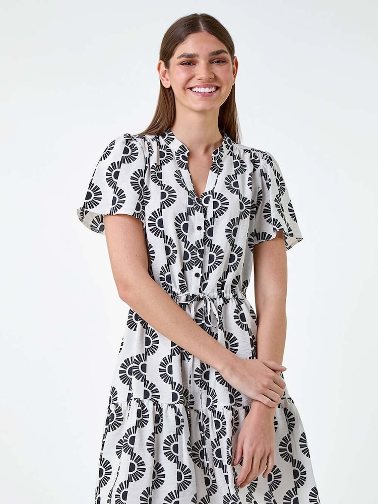 Roman Black Fan Print Frill Hem Shirt Dress - Image 1 of 5