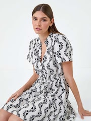 Roman Black Fan Print Frill Hem Shirt Dress - Image 2 of 5