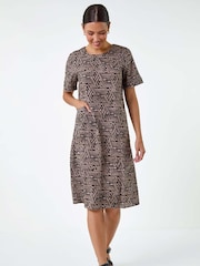 Roman Brown Geometric Print Pocket Shift Dress - Image 1 of 5