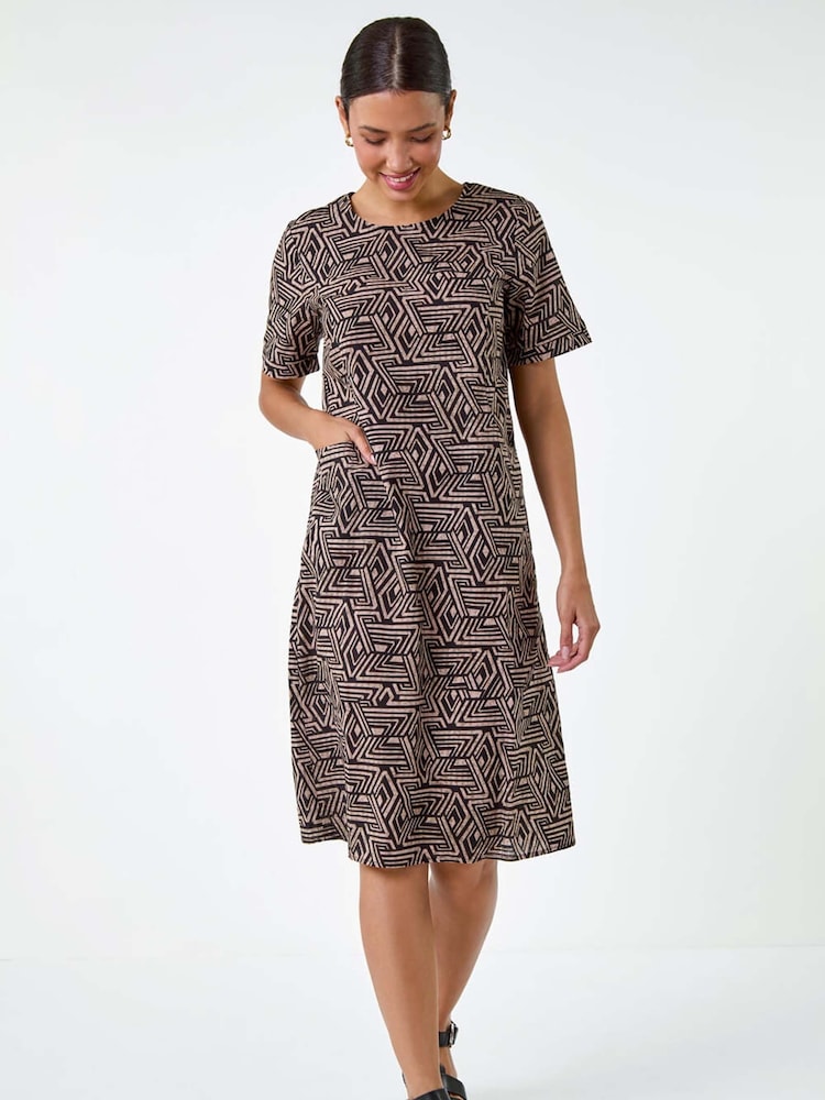 Roman Brown Geometric Print Pocket Shift Dress - Image 1 of 5