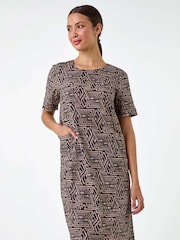 Roman Brown Geometric Print Pocket Shift Dress - Image 2 of 5