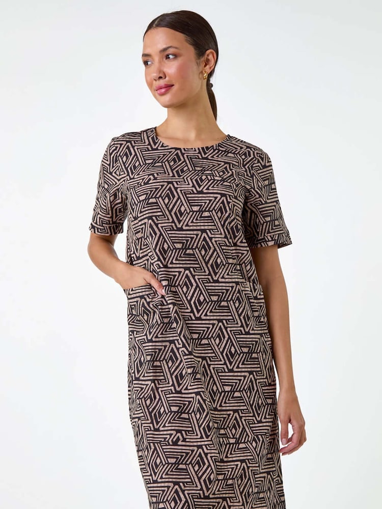 Roman Brown Geometric Print Pocket Shift Dress - Image 2 of 5