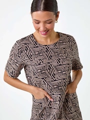 Roman Brown Geometric Print Pocket Shift Dress - Image 4 of 5