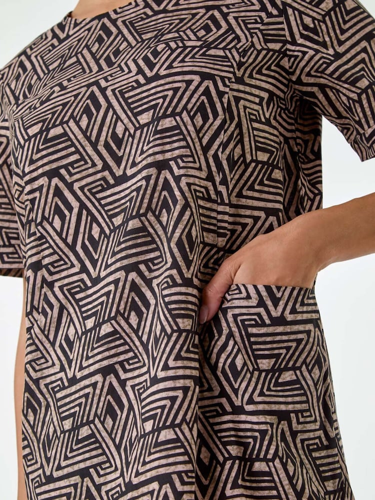 Roman Brown Geometric Print Pocket Shift Dress - Image 5 of 5