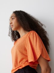 Oliver Bonas Orange Metallic Flute Sleeve T-Shirt with Linen - Image 1 of 8