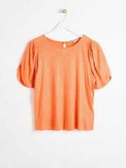 Oliver Bonas Orange Metallic Flute Sleeve T-Shirt with Linen - Image 4 of 8