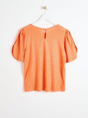 Oliver Bonas Orange Metallic Flute Sleeve T-Shirt with Linen - Image 5 of 8