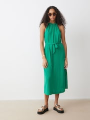 Oliver Bonas Green Linen Blend Halter Neck Midi Dress - Image 1 of 9