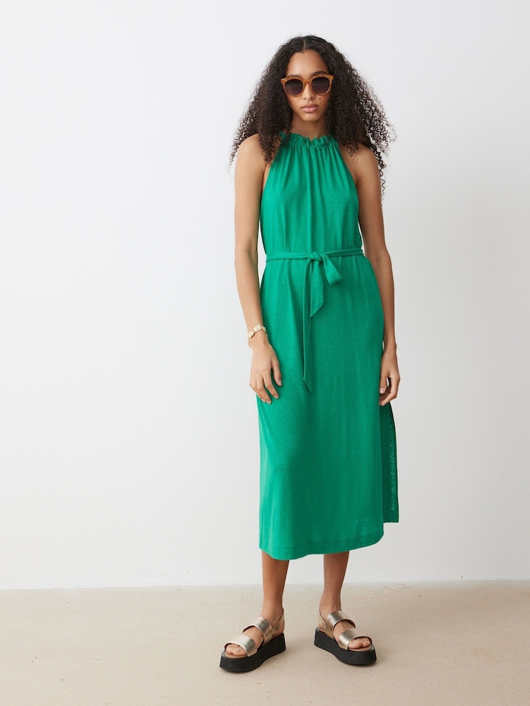Oliver Bonas Green Linen Blend Halter Neck Midi Dress - Image 1 of 9