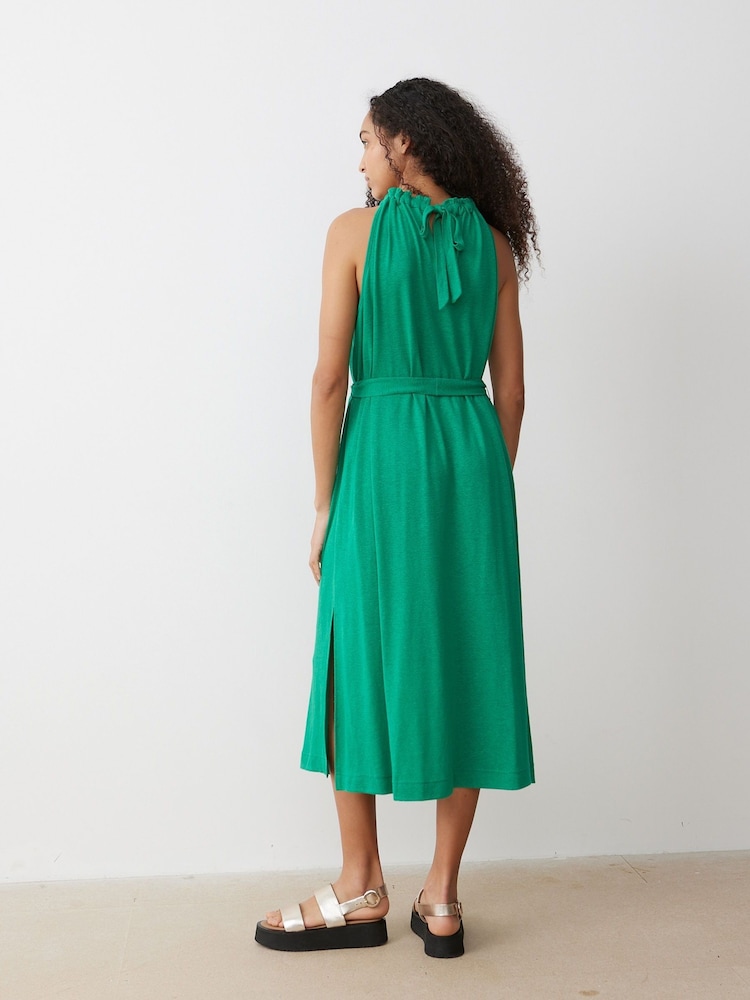 Oliver Bonas Green Linen Blend Halter Neck Midi Dress - Image 2 of 9
