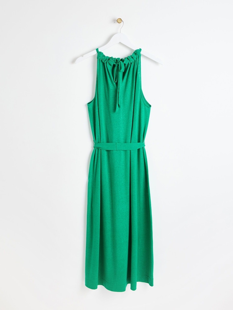Oliver Bonas Green Linen Blend Halter Neck Midi Dress - Image 5 of 9