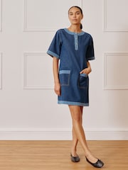 Albaray Blue Contrast 100% Cotton Denim Short Dress - Image 1 of 4