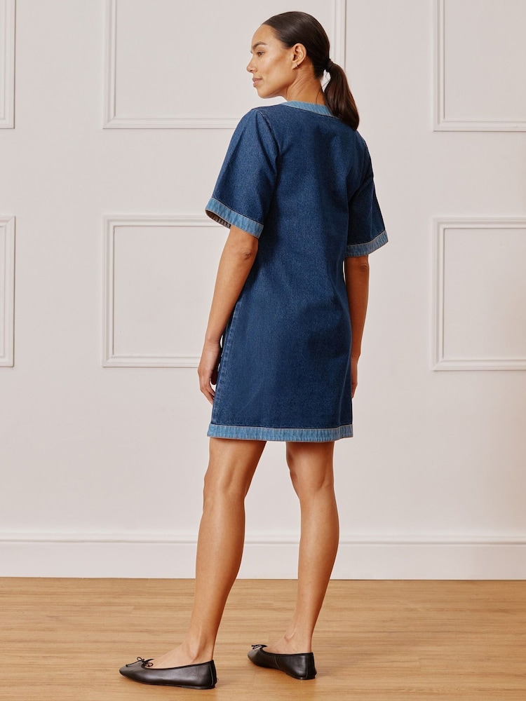 Albaray Blue Contrast 100% Cotton Denim Short Dress - Image 2 of 4