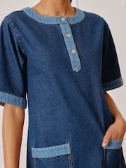 Albaray Blue Contrast 100% Cotton Denim Short Dress - Image 3 of 4