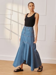 Albaray Blue Aysmetric 100% Cotton Denim Skirt - Image 5 of 6