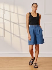 Albaray Blue Pleat Longer 100% Cotton Denim Shorts - Image 1 of 6
